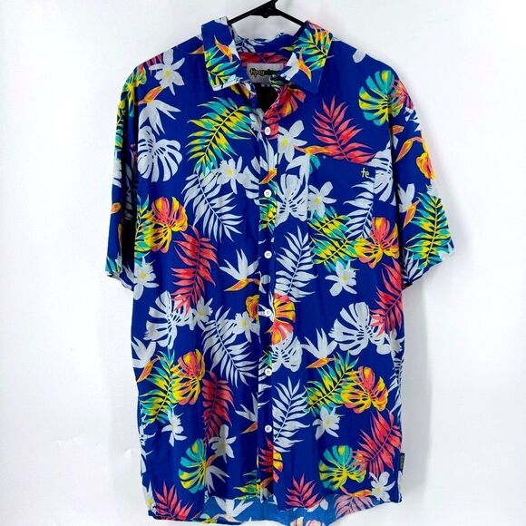 Tipsy Elves Blue and White Casual Button Down Shirt with Tropical Print - Picture 2 of 7
